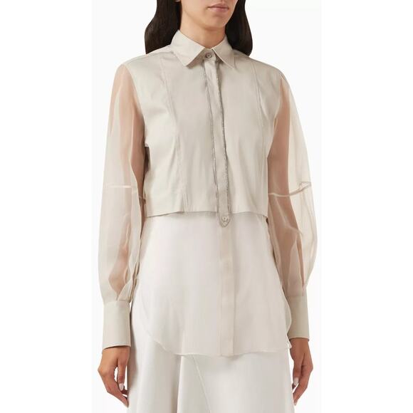 NWD Brunello Cucinelli Monili-Trim Shirt in Cotton Silk Blend Beige Womens XXS - Picture 1 of 12